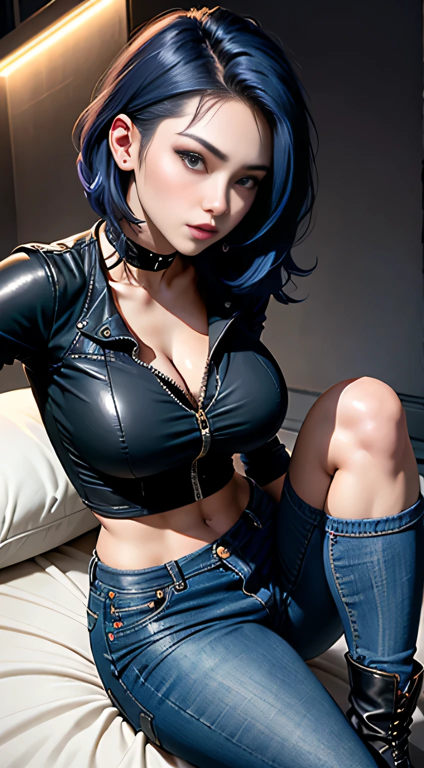 sfw, ((lying on bed top view)), beautiful girl, full body, short bright blue dishevelled hair, black eyeshadow, (street style wear:1.2), ((tight fitted denim jeans)), ((knee high leather boots)), (deep cleavage), (dark city night background:1.2), dark makeup, digital art, trending on artstation, highly detailed, fine detail, intricate, beautiful detailed glow, detailed, Cinematic light, high-res, detailed facial features, sharp focus, smooth, aesthetic, wearing bra,((skinny waist)), young asian girl, ((big breasted)),