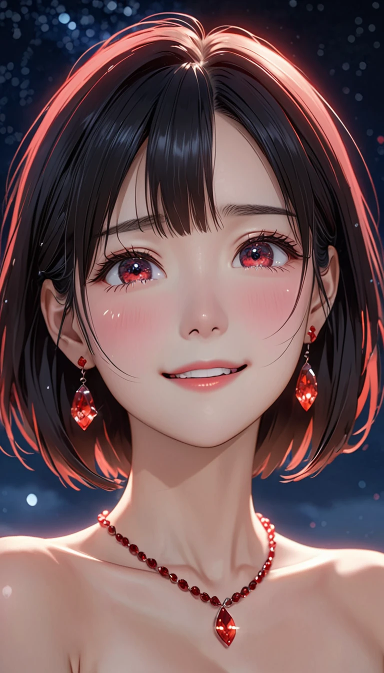 National Science Foundation,masterpiece,High resolution,8K,Art,digit,Kyoto Animation Style,your name movie style,Facing the camera,night,midnight,Soft Light,Glowing skin,(1 female: 1.3),(alone: 1.4),(((Black hair))),(No clothing is drawn on the upper body),(red crystal hairpin),(red crystal necklace),(red crystal earrings),Long eyelashes,short bob,sexy pose,Close-up of upper body,Close-up,close view,night星空,Eyes as deep as the starry sky,Blushed,shy,shy,open mouth,(((cry))),(((shed tears))),Feel happy