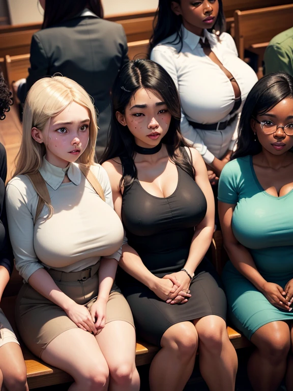 Perfect body, support group of young single moms from the city, masterpiece,, different ethnicities, different ages (18-45), all wearing different modest church outfits, big huge , small waists, round asses, perfect beautiful faces, big sad eyes, sobbing, full lips. Sitting in a circle at a church basement 