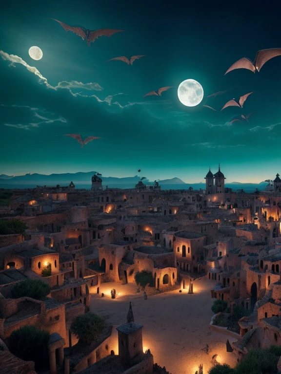 Antiguo pueblo de estilo medieval, paisaje, en una noche de luna, on the horizon a horde of succubi flying, a magnificent sensual succubus and a demonic face flying in the foreground, Surrealism, 8k 