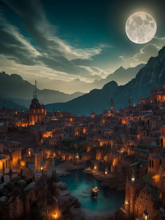 Antiguo pueblo de estilo medieval, paisaje, en una noche de luna, on the horizon a horde of succubi flying, a magnificent sensual succubus and a demonic face flying in the foreground, Surrealism, 8k