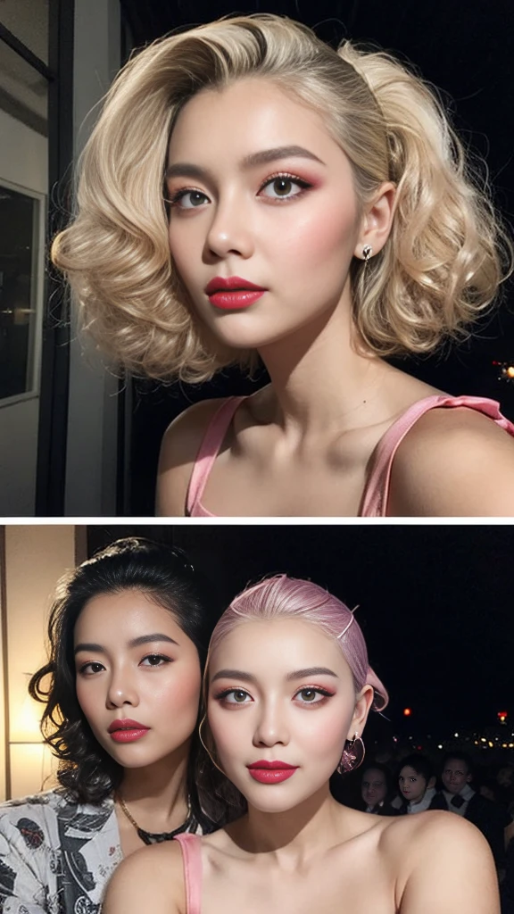 (masterpiece),((natural, soft lighting during the night)), 33 yo, brazillian fashion supermodel,((best high quality real texture skin)),(Highly quality texture hair),((curly hair(slicked to the side)Intricately detailed:1.44)),(perfect proportions),(anatomically correct),((perfect female body)),((firm normal full breasts:1.2)),slim face,beautiful cheekbones,((long legs)),(swell- body),(Super beautiful face),(realistic face),(highly detailed face),(tired and sleepy and satisfied:0.0),a woman's eye with a digital rendering,realistic eyes,perfect round eyes, BREAK(brown_eyes),detailed lips,((red_lipstick)),(pink_makeup:1.33),(Detailed nose),full bodyesbian,dark shot:1.2,((detailed crop top shirt:1.18)),((highly detailed mini party dress:1.35)),dynamic pose),(),look at the viewer,(Erotic,dynamic pose:1.4),On the night club  , 