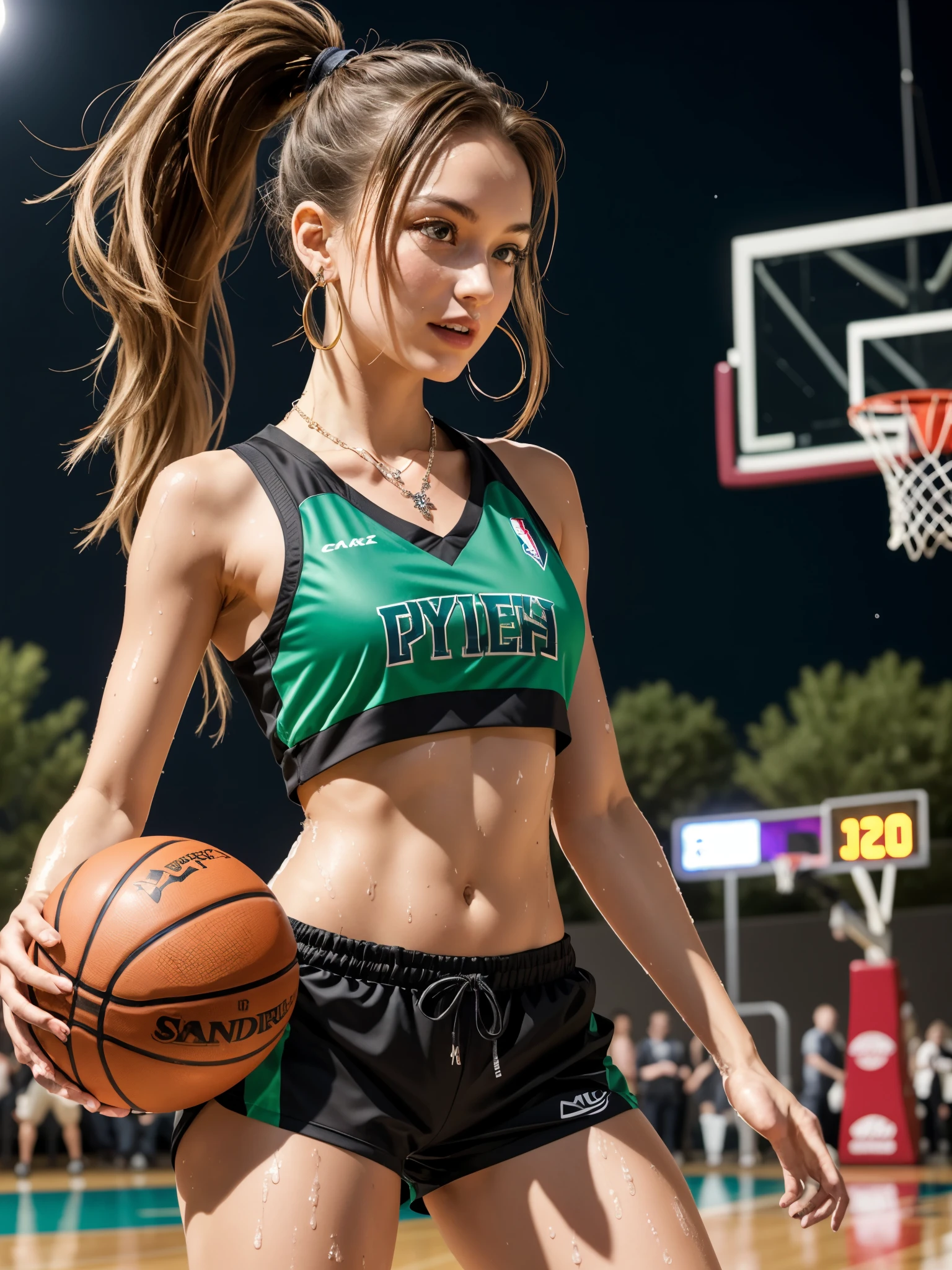 girl playing basketball, BREAK, 1girl, basketball jersey, bloomer shorts, very long red high ponytail hair, holding basketball, thigh, green eyes, sweat, wet skin, masterpiece, high resolution, 8k, art, night, midnight, light, gorgeous, sparkling light black lace bra strap, swarovski crystal, crystal hairpin, black crystal necklace, black crystal earring, long eyelashes, blush, 