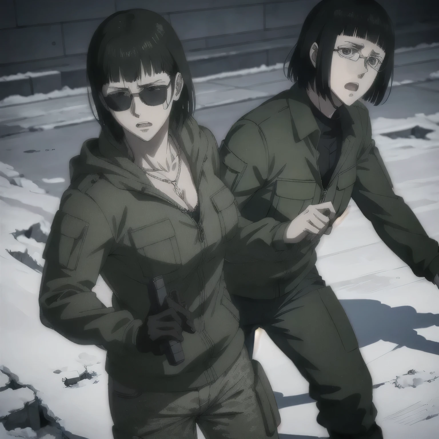 (best quality,ultra-detailed,realistic:1.37),musclaur badass girl wearing Winter jacket and undershirt and Camouflage combat trousers, full review of the female character's face and body, intense expression, strong and confident posture, studio lighting, vivid colors, physiologically-based rendering, grungy texture, rugged background, dust particles in the air, commanding presence, professional, powerful, gritty aesthetics,,Valmet،short hair,necklace,sunglasses,