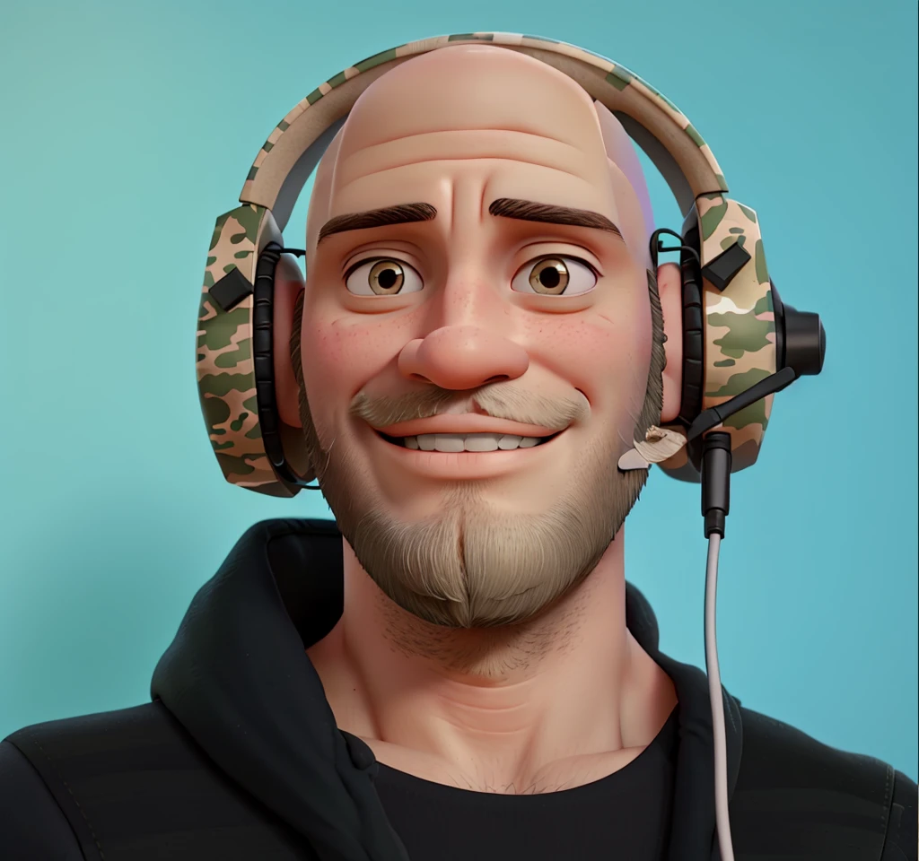 Bald man with small beard smiling with army headphones