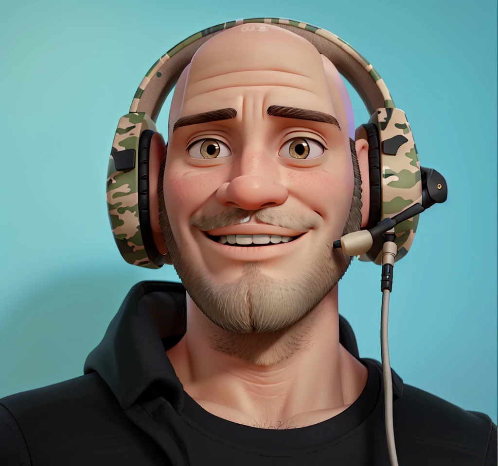 Bald man with small beard smiling with army headphones