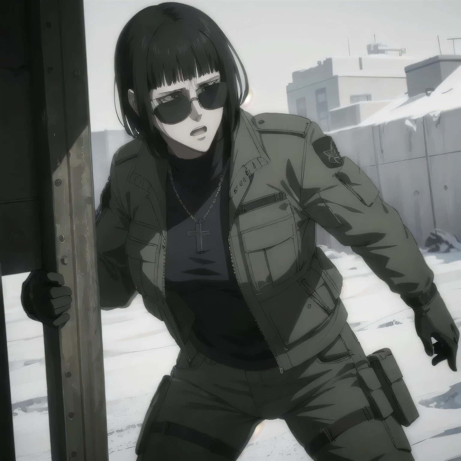 (best quality,ultra-detailed,realistic:1.37),musclaur badass girl wearing Winter jacket and undershirt and Camouflage combat trousers, full review of the female character's face and body, intense expression, strong and confident posture, studio lighting, vivid colors, physiologically-based rendering, grungy texture, rugged background, dust particles in the air, commanding presence, professional, powerful, gritty aesthetics,,Valmet،short hair,necklace,sunglasses,hold  