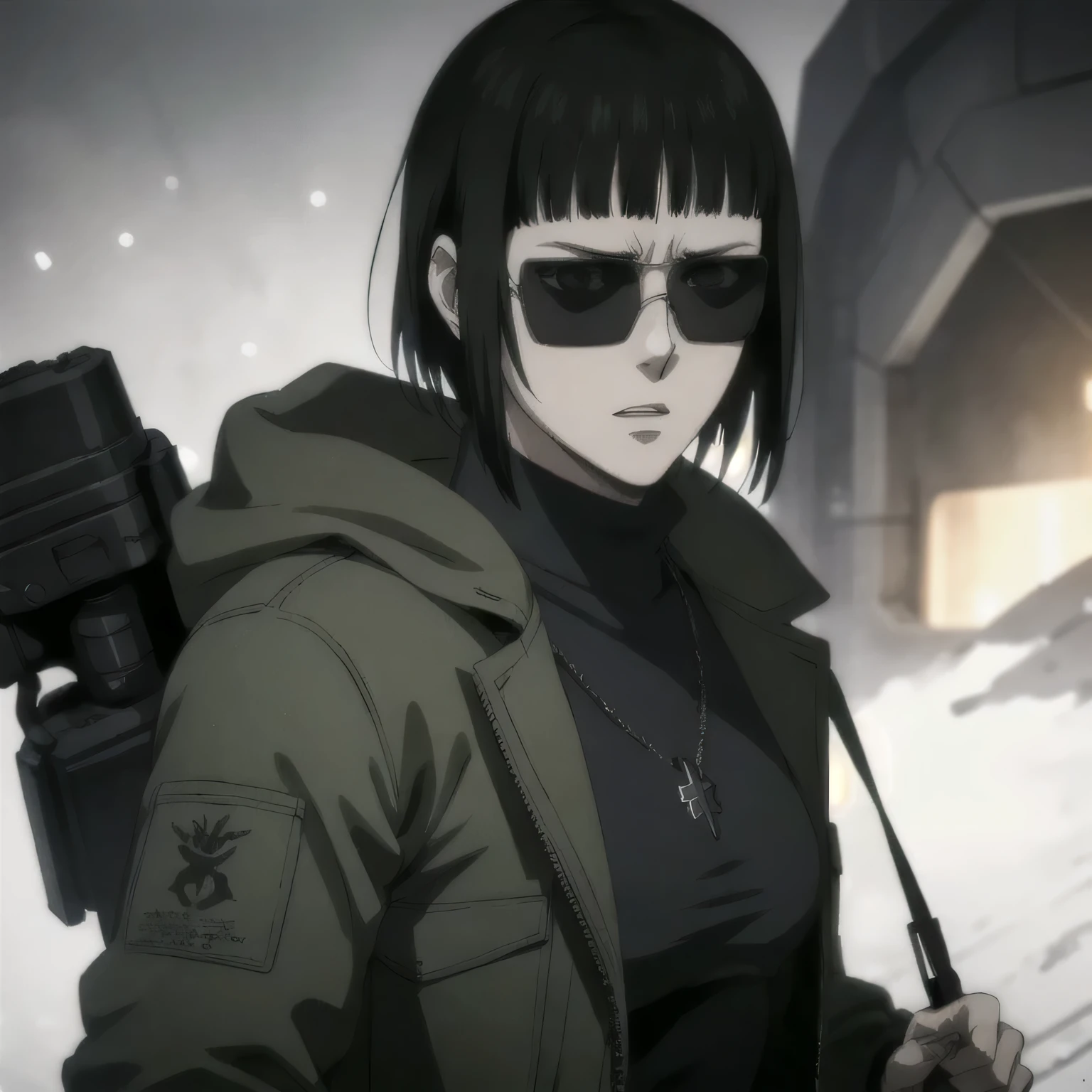 (best quality,ultra-detailed,realistic:1.37),musclaur badass girl wearing Winter jacket and undershirt and Camouflage combat trousers, full review of the female character's face and body, intense expression, strong and confident posture, studio lighting, vivid colors, physiologically-based rendering, grungy texture, rugged background, dust particles in the air, commanding presence, professional, powerful, gritty aesthetics,,Valmet،short hair,necklace,sunglasses,hold