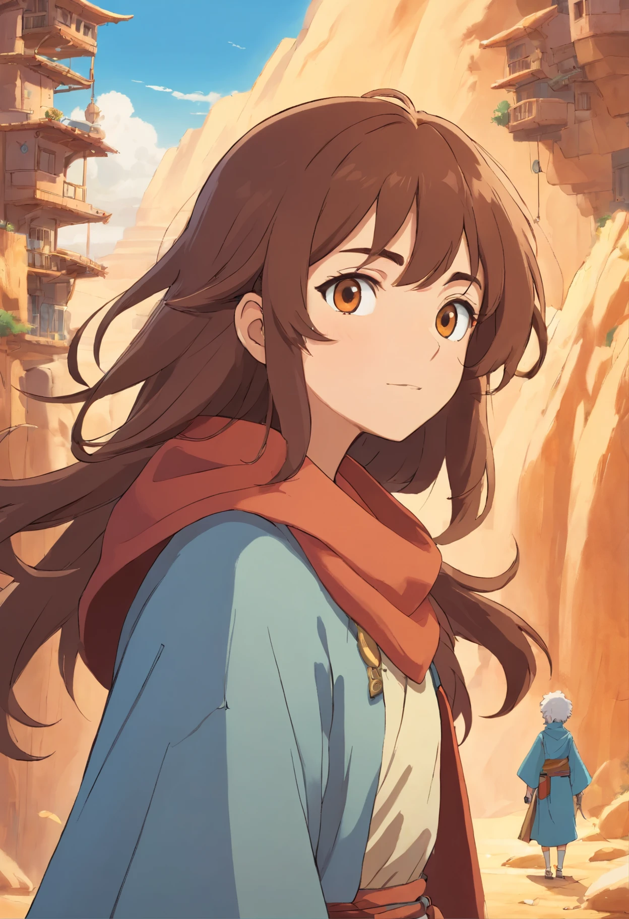 Marcos, personaje que puede controlar el elemento de la tierra, vive en una ciudad en el desierto, usa como ropa un beduino y arafat, su piel de color moreno, ojos color miel, delgado y fuerte, curly hair and dark brown color, el largo de su cabello es corto, Cold look