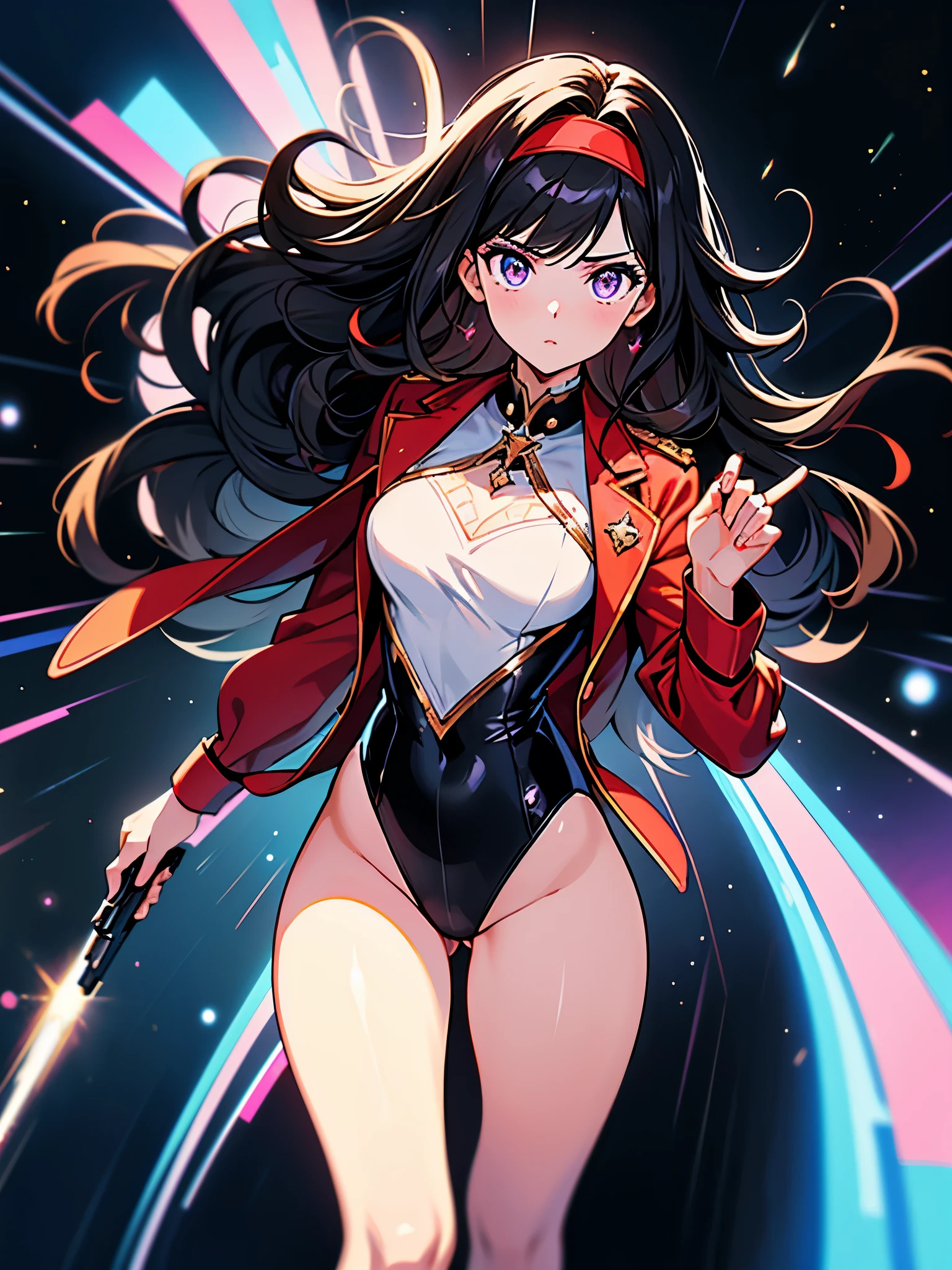 Woman with brown eyes, age 21 (medium hair, black hair, wavy hair, red hairband), white blouse with black stars, black jacket with stars, leotard, bare legs, black thigh highs, high-heel shoes, purple stellar energy around, cosmic power, cosmic shining power. purple eyes, beautiful detailed eyes, beautiful detailed face, cute face, perfect hands, complete fingers, perfect anatomy, perfect proportions. (shooting with your finger, making a gun with your finger finger gun). full body, cowboy shot.