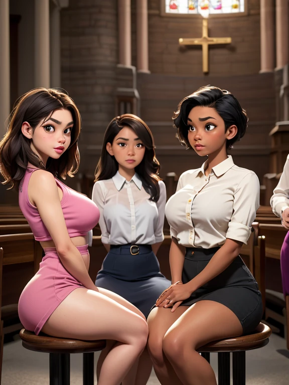 Perfect body, support group of young single moms from the city, masterpiece,, different ethnicities, different ages (18-45), all wearing different modest church outfits, big huge tits, small waists, round asses, perfect beautiful faces, big sad eyes, nostalgic expression, full lips. Sitting in a circle, side to side,  at a church basement 