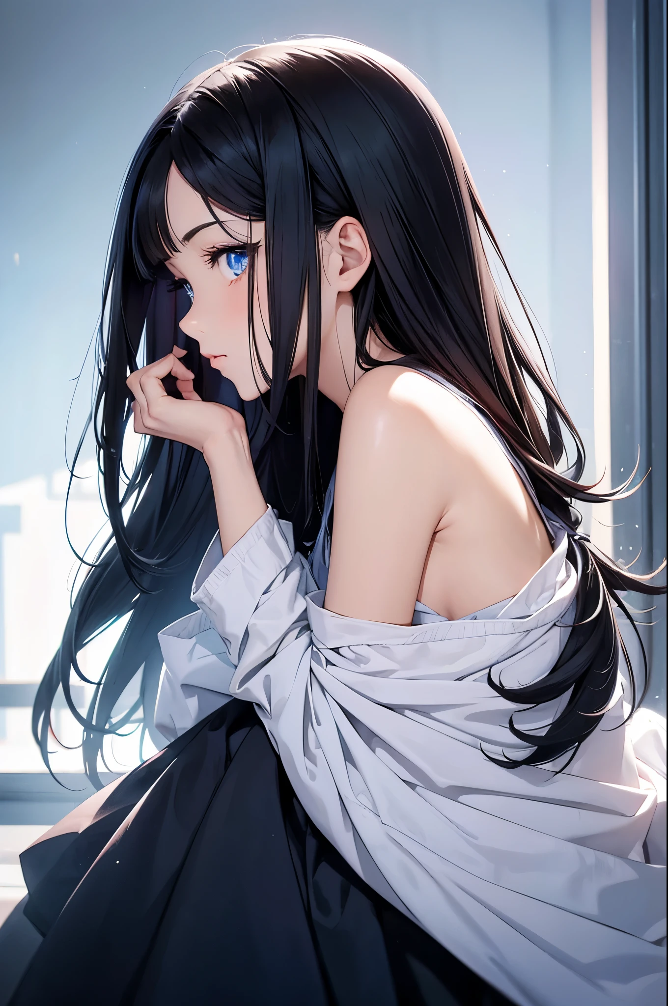 a beauty girl，Dark hair，Hair below shoulder length，Smooth straight hair，Determined eyes, beautiful blue eyes，Childlike height，Manga style，fulcolor，hi-school girl，Juvenile atmosphere