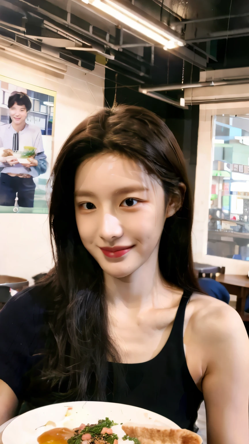 Korean girl age 27, beautiful girlfriend, feeding me, pov feeding, She's too cute to describe., She wore a crop top., smile, eldest boyfriend, have an older wife, warm, Chest 34 inches, She uses a fork to poke food., ((Selfie))