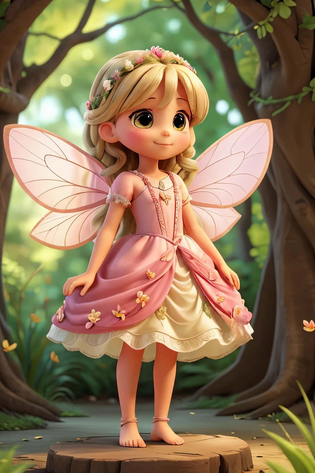 image with great quality, feminine and delicate nature fairy, bare feet adorned with brown ankle ropes, pink fluid dress with leaves and flowers along the entire length of the dress, cabelos pretos e cacheados enfeitado com coroa d flores, asas grandes e floridas, discretas orelhas de elfo, olhos amendoados pretos, criatura angelical e delicada, imagem com muitos detalhes em 4k