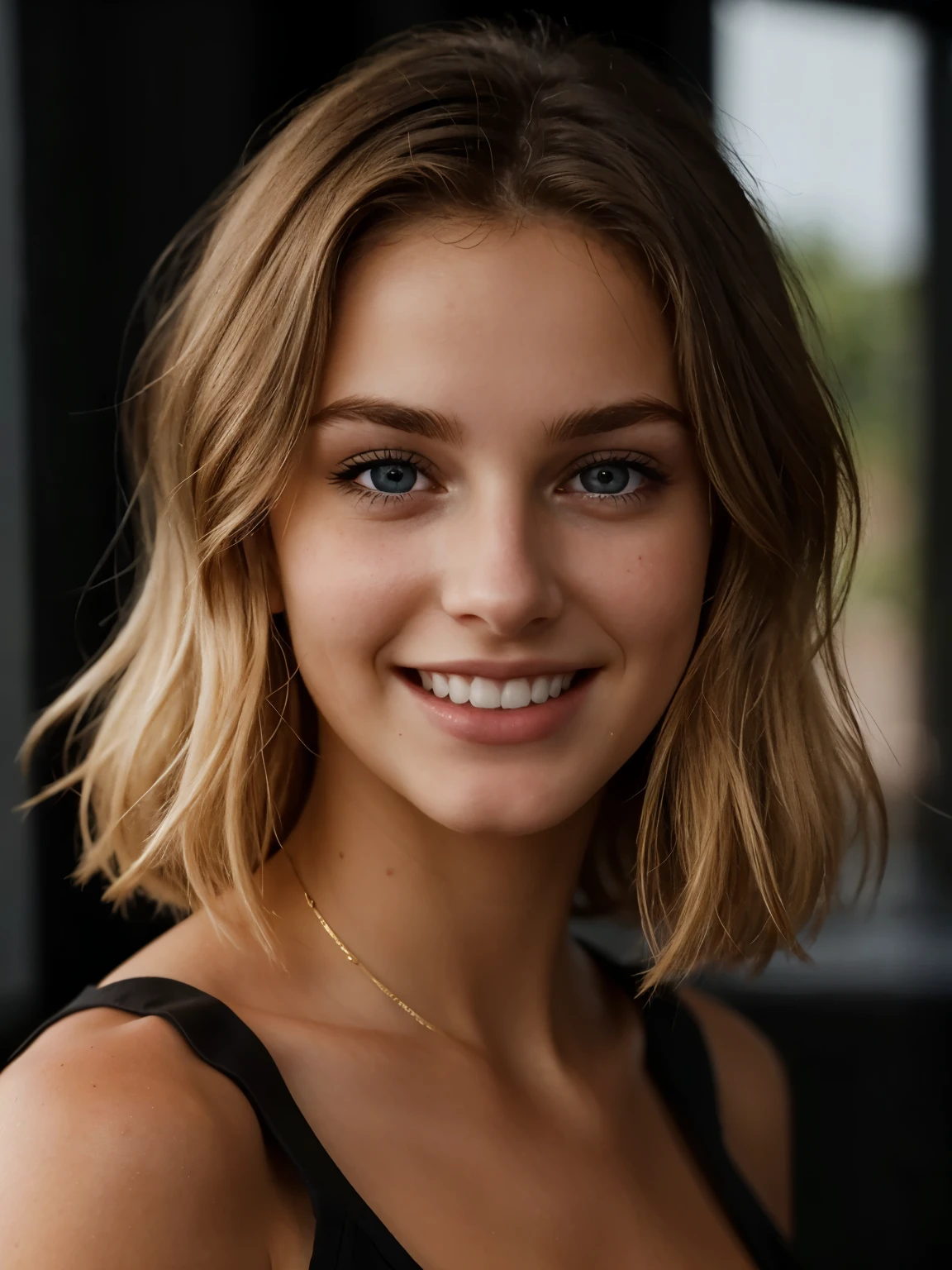 a close-up photo of the dark upper body of'a blonde with perfect eyes, 18 years old, smile, dark background ,brown hair, a close-up photo of the dark upper body of' still raw,photorealistic,18k,natural daylight, super detailed skin texture,black eyes, smile, fond sombre et des cheveux noirs