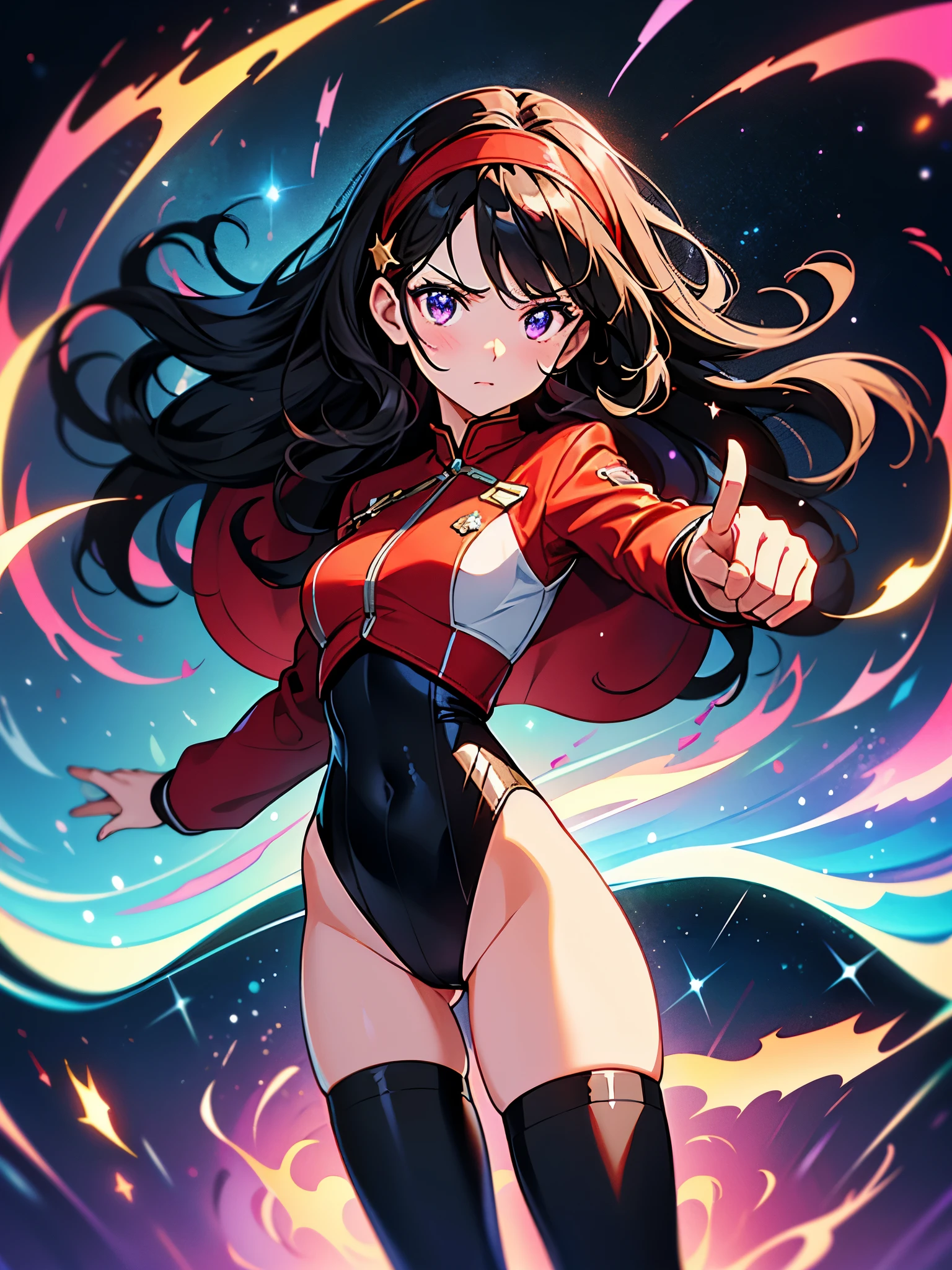 Woman with brown eyes, age 21 (medium hair, black hair, wavy hair, red hairband), white blouse with black stars, black jacket with stars, leotard, bare legs, black thigh highs, high-heel shoes, purple stellar energy around, cosmic power, cosmic shining power. purple eyes, beautiful detailed eyes, beautiful detailed face, cute face, perfect hands, complete fingers, perfect anatomy, perfect proportions. (shooting with your finger, making a gun with your finger finger gun). full body, cowboy shot.