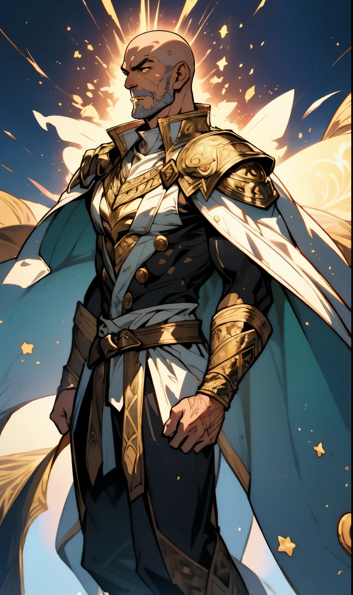 A bald man, red tattoos on his head and face, wise gaze, charismatic features, sturdy yet slender figure, a fantasy-style tight-fitting long coat, adorned with luxurious golden decorations on the collar and shoulders and waist, matching loose trousers, his palms emit a radiant glow, encircled by light and electricity, the ground to crack beneath him, this character embodies a finely crafted fantasy martial arts-style overlord in anime style, exquisite and mature manga art style, high definition, best quality, highres, ultra-detailed, ultra-fine painting, extremely delicate, professional, perfect body proportions, golden ratio, anatomically correct, symmetrical face, extremely detailed eyes and face, high quality eyes, creativity, RAW photo, UHD, 32k, Natural light, cinematic lighting, masterpiece-anatomy-perfect, masterpiece:1.5