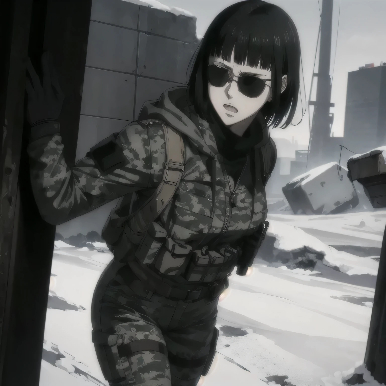 (best quality,ultra-detailed,realistic:1.37),musclaur badass girl wearing Winter jacket and undershirt and Camouflage combat trousers, full review of the female character's face and body, intense expression, strong and confident posture, studio lighting, vivid colors, physiologically-based rendering, grungy texture, rugged background, dust particles in the air, commanding presence, professional, powerful, gritty aesthetics,,Valmet،short hair,necklace,sunglasses,Erect reproductive organ inside combat trousers