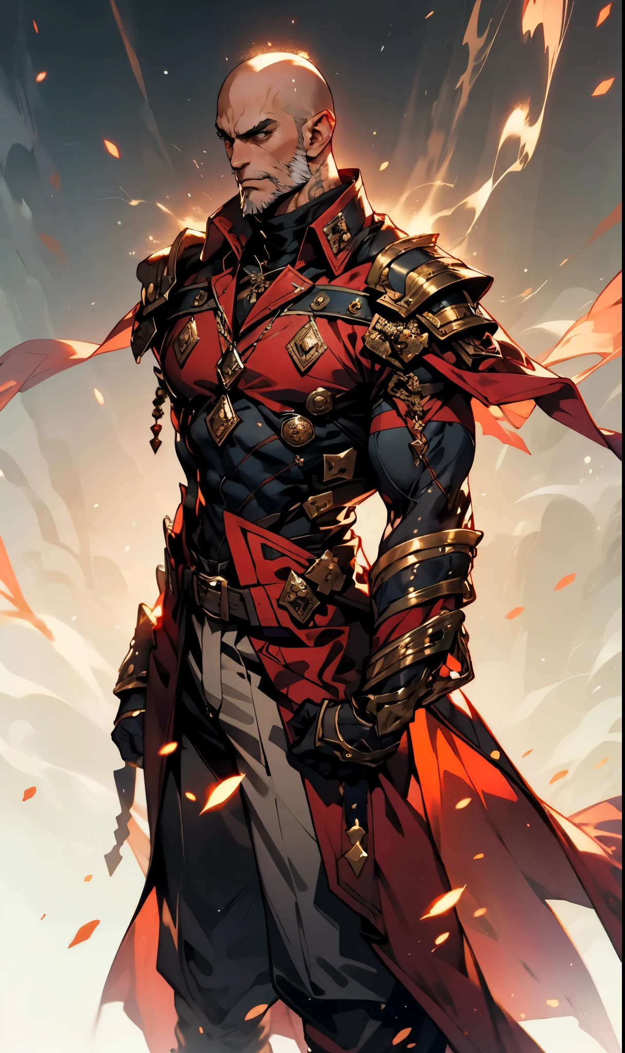 A bald man, red tattoos on his head and face, wise gaze, charismatic features, sturdy yet slender figure, a fantasy-style tight-fitting long coat, adorned with luxurious golden decorations on the collar and shoulders and waist, matching loose trousers, his palms emit a radiant glow, encircled by light and electricity, the ground to crack beneath him, this character embodies a finely crafted fantasy martial arts-style overlord in anime style, exquisite and mature manga art style, high definition, best quality, highres, ultra-detailed, ultra-fine painting, extremely delicate, professional, perfect body proportions, golden ratio, anatomically correct, symmetrical face, extremely detailed eyes and face, high quality eyes, creativity, RAW photo, UHD, 32k, Natural light, cinematic lighting, masterpiece-anatomy-perfect, masterpiece:1.5