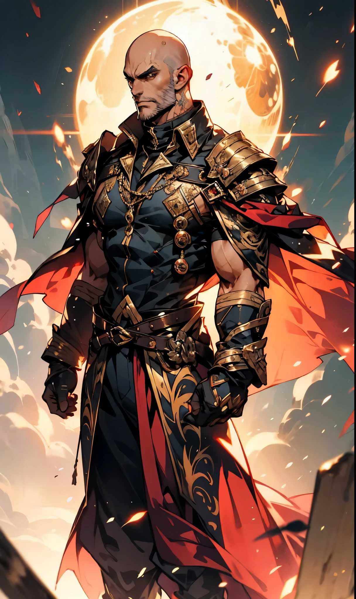 A bald man, red tattoos on his head and face, wise gaze, charismatic features, sturdy yet slender figure, a fantasy-style tight-fitting long coat, adorned with luxurious golden decorations on the collar and shoulders and waist, matching loose trousers, his palms emit a radiant glow, encircled by light and electricity, the ground to crack beneath him, this character embodies a finely crafted fantasy martial arts-style overlord in anime style, exquisite and mature manga art style, high definition, best quality, highres, ultra-detailed, ultra-fine painting, extremely delicate, professional, perfect body proportions, golden ratio, anatomically correct, symmetrical face, extremely detailed eyes and face, high quality eyes, creativity, RAW photo, UHD, 32k, Natural light, cinematic lighting, masterpiece-anatomy-perfect, masterpiece:1.5