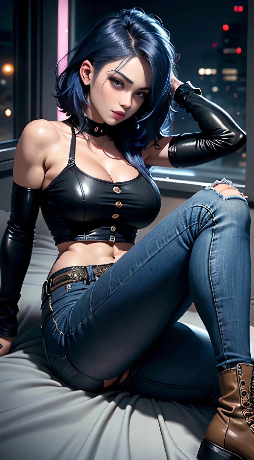 sfw, ((lying on bed top view)), beautiful girl, full body, short bright blue dishevelled hair, black eyeshadow, (street style wear:1.2), ((tight fitted denim jeans)), ((knee high leather boots)), (deep cleavage), (dark city night background:1.2), dark makeup, digital art, trending on artstation, highly detailed, fine detail, intricate, beautiful detailed glow, detailed, Cinematic light, high-res, detailed facial features, sharp focus, smooth, aesthetic, wearing bra,((skinny waist)), young asian girl, ((big breasted)),