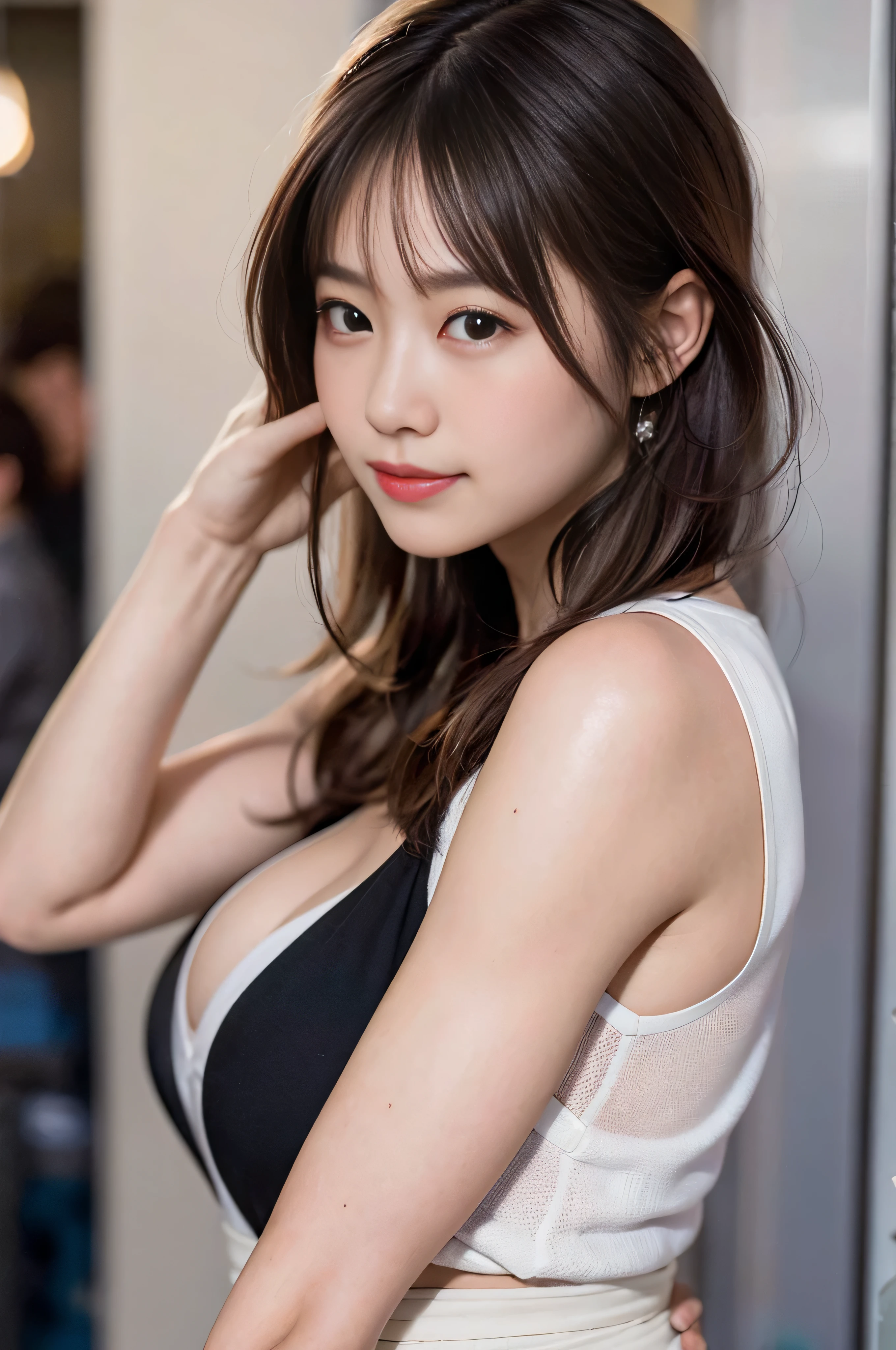 (8k, RAW Photos, highest quality, masterpiece:1.2), (Realistic, photo-Realistic:1.37), Very detailed, Ultra-high resolution,1 girl,Looking at the audience,Beautiful and elaborate face,smile,narrow,(Narrow waist:1.3),shirt, Beautiful, smooth skin, Skin Texture, floating hair,Professional Lighting,(8k、RAW Photos、highest quality、masterpiece:1.2)、(Realistic、Photorealistic:1.37)、Very detailed、超A high resolution、1 girl、Seeing the viewer、Beautiful and dense face、Laughter、narrow、(Narrow waist) :1.3)、Beautiful, smooth skin、Skin Texture、floating hair、Professional Lighting、The human body as a whole、big ，exposing cleavage, Chinese restaurant　Armpits Please raise your hand and show us your armpits..　smile　cute ponytail, Beautiful lighting from the front