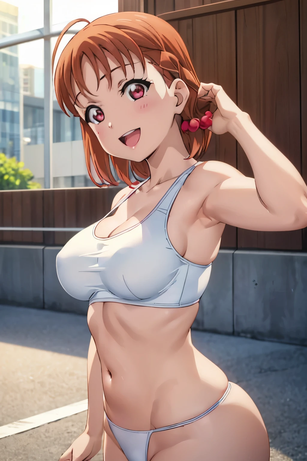 (((pixel perfect, Breasts Breasts Detail Perfect))), Solo, 1girl, nsfw, Chika Takami, uranohoshi, Looking at Viewer, Smile, :D、no-bra, white wearing tank top, tight thong, showing, buttcrack, big ass, thick thighs, 