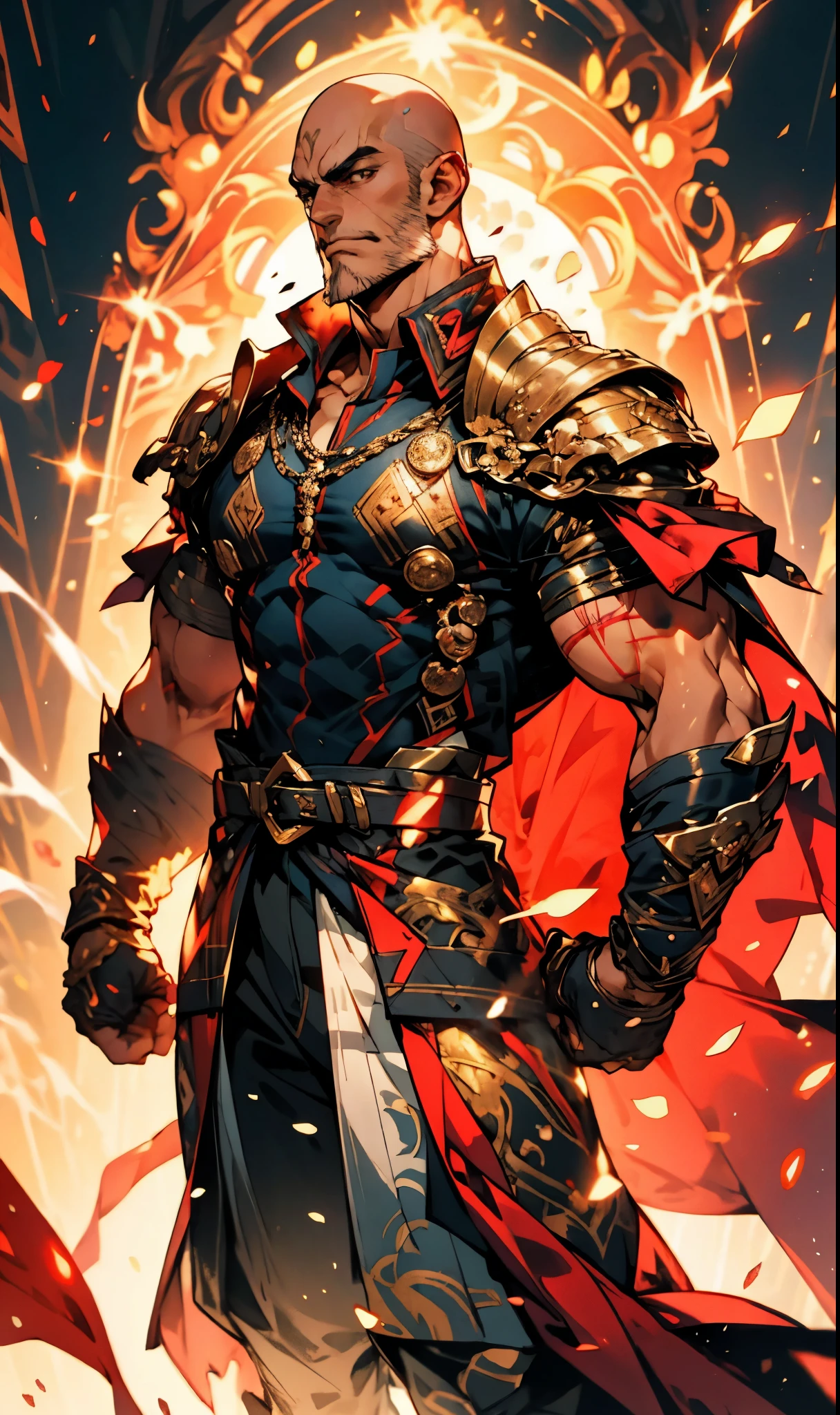 A bald man, red tattoos on his head and face, wise gaze, charismatic features, sturdy yet slender figure, a fantasy-style tight-fitting long coat, adorned with luxurious golden decorations on the collar and shoulders and waist, matching loose trousers, his palms emit a radiant glow, encircled by light and electricity, the ground to crack beneath him, this character embodies a finely crafted fantasy martial arts-style overlord in anime style, exquisite and mature manga art style, high definition, best quality, highres, ultra-detailed, ultra-fine painting, extremely delicate, professional, perfect body proportions, golden ratio, anatomically correct, symmetrical face, extremely detailed eyes and face, high quality eyes, creativity, RAW photo, UHD, 32k, Natural light, cinematic lighting, masterpiece-anatomy-perfect, masterpiece:1.5