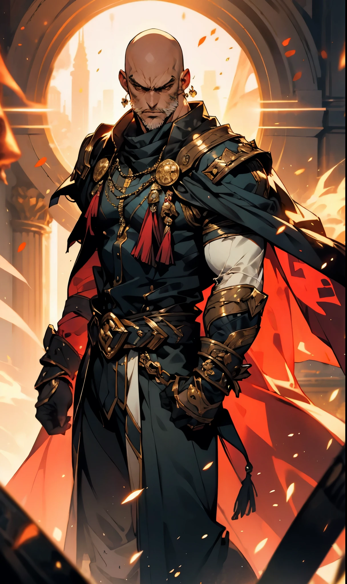 A bald man, red tattoos on his head and face, wise gaze, charismatic features, sturdy yet slender figure, a fantasy-style tight-fitting long coat, adorned with luxurious golden decorations on the collar and shoulders and waist, matching loose trousers, his palms emit a radiant glow, encircled by light and electricity, the ground to crack beneath him, this character embodies a finely crafted fantasy martial arts-style overlord in anime style, exquisite and mature manga art style, high definition, best quality, highres, ultra-detailed, ultra-fine painting, extremely delicate, professional, perfect body proportions, golden ratio, anatomically correct, symmetrical face, extremely detailed eyes and face, high quality eyes, creativity, RAW photo, UHD, 32k, Natural light, cinematic lighting, masterpiece-anatomy-perfect, masterpiece:1.5