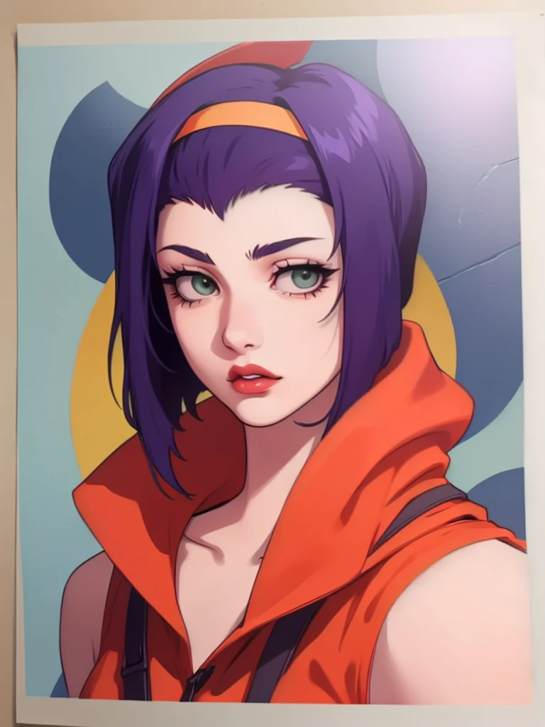 fayevalentine, yellow hairband, crop top, 1girl, incredible art, great quality, poster, vector style, portrait, galaxy space background, multi colors image, UHD wallpaper, dynamic view, flat, eyes detail, purple hair, faye valentine