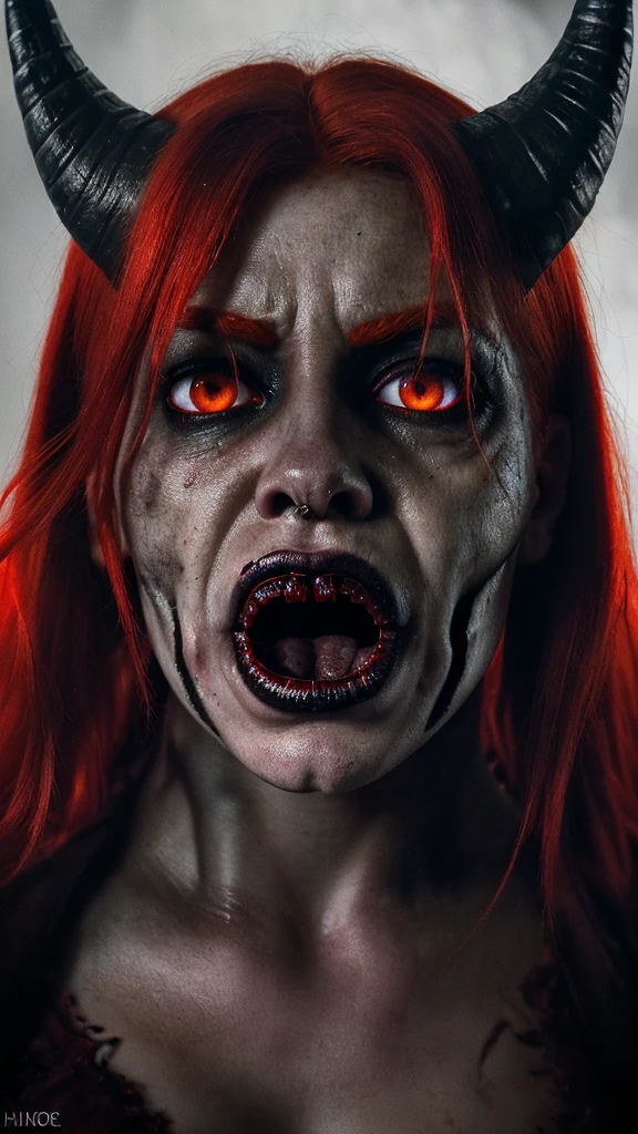 (best quality,ultra-detailed,realistic),horror,detailed fiery eyes,watchful and unsettling appearance,red hair,monster mouth,horns on the head,portrait,high contrast lighting,ominous colors.