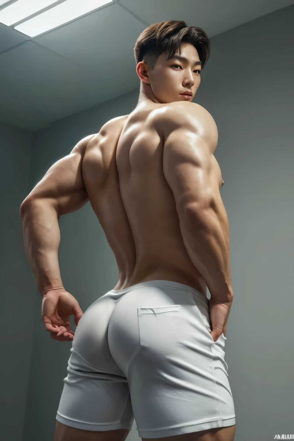 (best quality,4k,highres,masterpiece:1.2),ultra-detailed,realistic:1.37,korean man, muscular man, big buttocks, glancing backwards, slim body, few fingers, masculine features, white man, tight white shorts, Caucasian race, portraits, bright colors, dramatic lighting