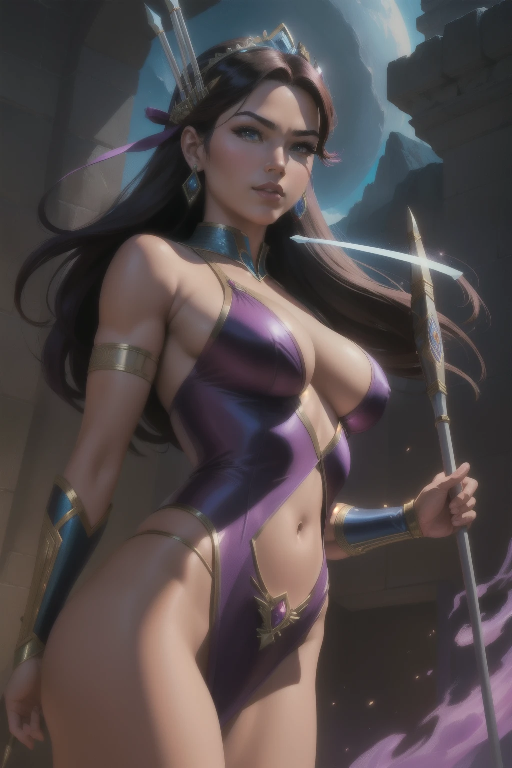 In the realm of comic book art, a captivating character emerges, adorned with two bows and arrows. This masterpiece, crafted in the elegant style of Greg Hildebrandt, brings forth a powerful allure. The character's attire is bathed in the rich hues of dark magenta and deep purple, reminiscent of the masterful touch of Rob Liefeld.
Set against the backdrop of the ancient Shang Dynasty, this character embodies an air of mystery and intrigue. With lifelike accuracy, every feature and detail is rendered in exquisite realism, evoking XBox 360 graphics' level of detail. The met