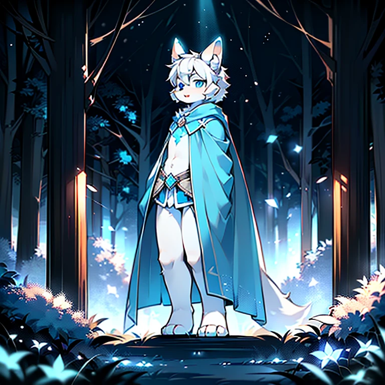 Anthropomorphic standing furry little wolf，adolable, Light：Extreme light and shadow,(anthr(Full Body Furry,Head bust close-up， Silvery-white hair,Large silvery-white ears，Big blue eyes，The mouth is slightly larger，White fur，Reddish skin ，Sky blue eyes, Silvery-white hair:1.0), (long canines、Thick light blue cape，White fur trims：1.2），（the night、lawns)) ，((Deep in the dark forest at night，glowworm，solo，solo person))，((the detail))，（depth of fields)，（Sell moe），(standing on your feet))