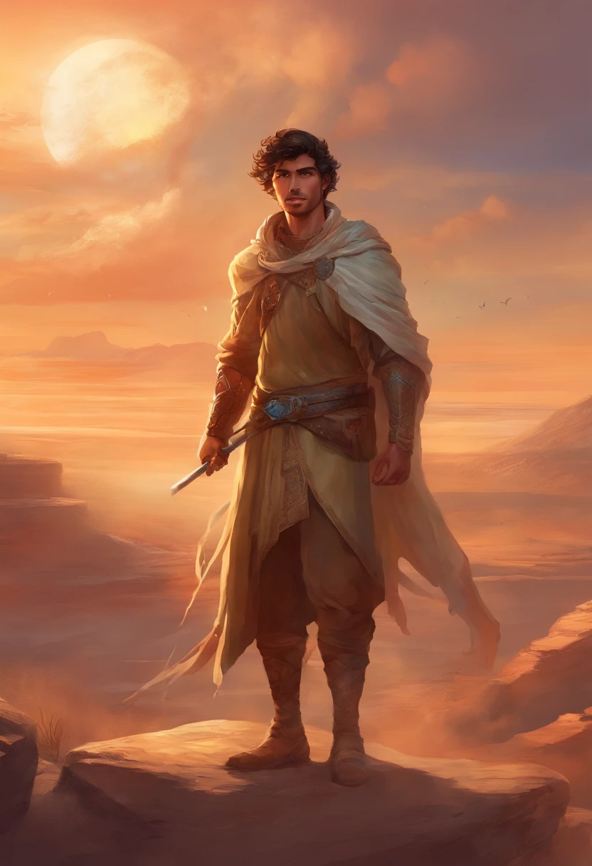 Marcos, a 22 year old man who can control the element of earth, vive en una ciudad en el desierto, usa como ropa un beduino y arafat, su piel de color moreno, ojos color miel, delgado y fuerte, curly hair and dark brown color, el largo de su cabello es corto, Cold look
