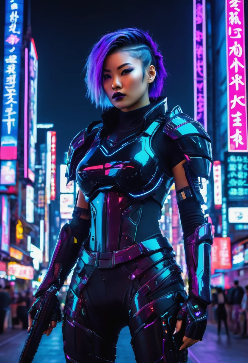 The image depicts a futuristic female warrior standing in a vibrant, neon-lit urban environment. She is adorned with cybernetic enhancements, including a sleek, black armor that covers her torso and arms, and a high-tech helmet with a visor that reflects the city's lights. Her hair is styled in a punk-inspired fashion, with a mix of black and purple hues, and she sports a bold, confident expression. The background is filled with towering buildings, illuminated by a myriad of colorful signs and advertisements, predominantly in Japanese characters, suggesting a setting in a technologically advanced Asian metropolis. The overall aesthetic is reminiscent of the cyberpunk genre, where advanced technology and a dystopian cityscape blend together.
