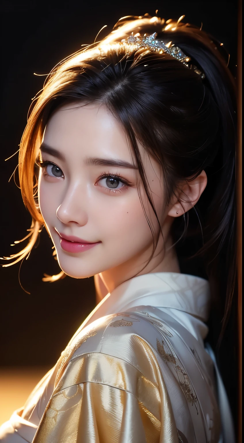 Beautiful woman in kimono，Body Portrait、8K，Eyes in Beautiful Details，dingdall effect、​masterpiece, top-quality, hightquality, hight resolution、hyperdetailed photo、(natural skin textures、Detailed skin、Hyper-Realism、ultra sharpness)、high-detail skin、(ighly detailed、detailed skin textures、intricate detailes、beautiful face、(Lifelike face)、realisticeyes、beatiful detailed eyes、real looking skin、Beautiful skins、A hyper-realistic、ighly detailed、the golden ratio、With smiling eyeoonlight background at night))、Body Portrait