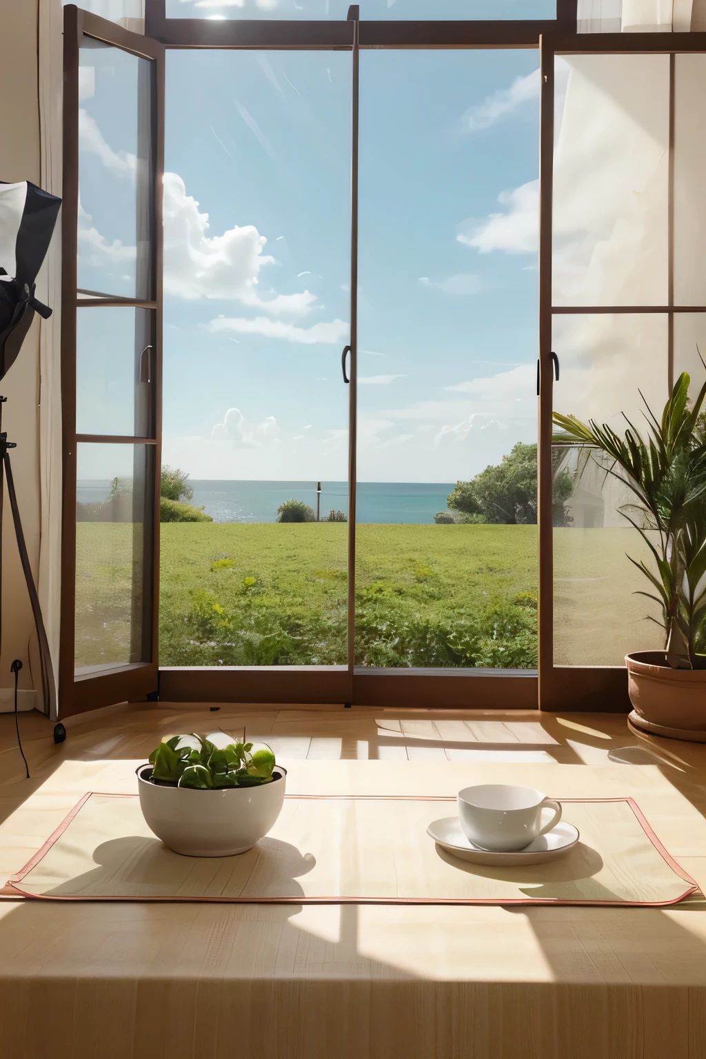 In summer season, inner window view table top for product photo shoot. I want to use for my photoshop design background.