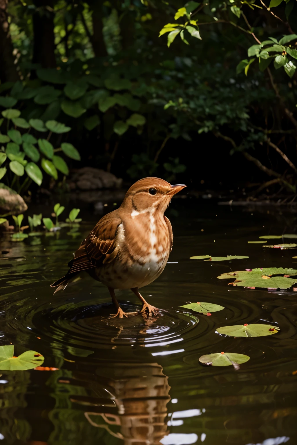 singing thrush, realistic photography, trunk, pond, bright, energetic, full body shot