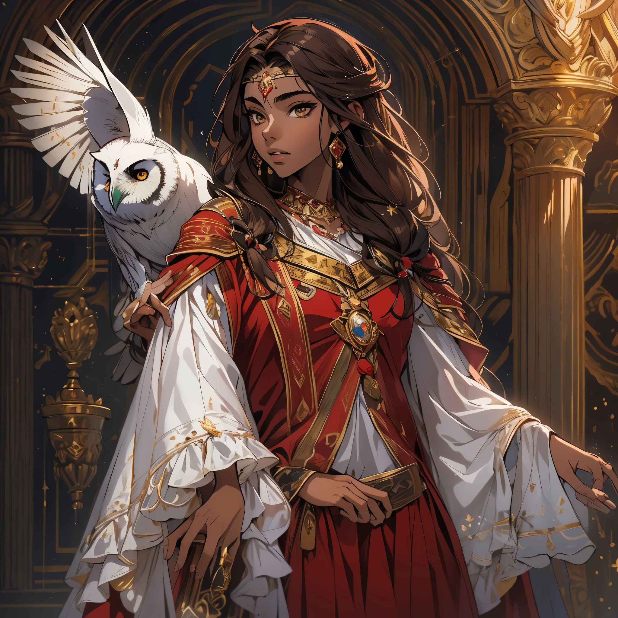 masterpiece, best quality, highres, absurdres, best quality, (medium shot), Beautiful, ((1female)), (SmallBreast), 16-years-old, long brown hair, (golden eyes), dark skin, he wears a red and white magician's outfit based on Romani culture, white owl perched on shoulder.