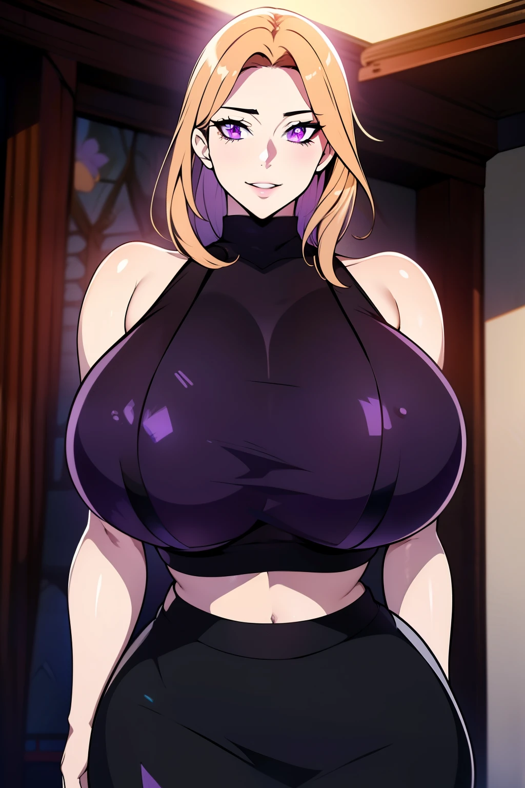 An anime-style artwork depicting ruan mei from the game Honkai star rail.

Tags: ruan mei, anime, detailed eyes, detailed lips, black crop top, black turtleneck, black pencil skirt, smiling expression, intense gaze, glowing emblem on hand, dynamic pose, indoor, luxury palace, vibrant colors, digital art, high-resolution, professional quality, gigantic breasts, (underboob : 1.4), curvy, cowboy shot, (gigantic breasts: 1.4), (violet eyes: 1.4), (light copper blonde hair: 1.4), short hair