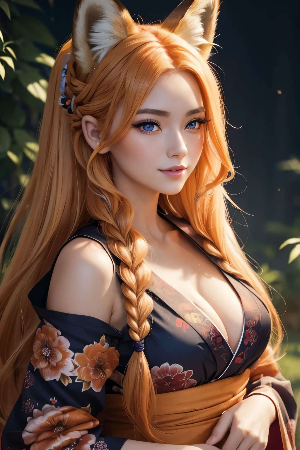 (masterpiece,best quality,ultra-detailed), A portrait of a beautiful adult woman smilling at us, Blonde straight hair styled into a French braid that rests over the left shoulder, Small eyebrows, captivating purplish-blue eyes, red eyeshadow, Her features are delicate and finely shaped, with a small, refined nose and lips, large and tall fluffy fox ears in vibrant orange with black tips, A striking red flower is gracefully tucked into her braid, Wide traditional blue yukata adorned with intricate floral patterns, ethereal allure ((Manhwa mom)) large hips, fox queen with 9-tails, 8k, large breasts, beautiful scenery ((no other ears but fox ears))