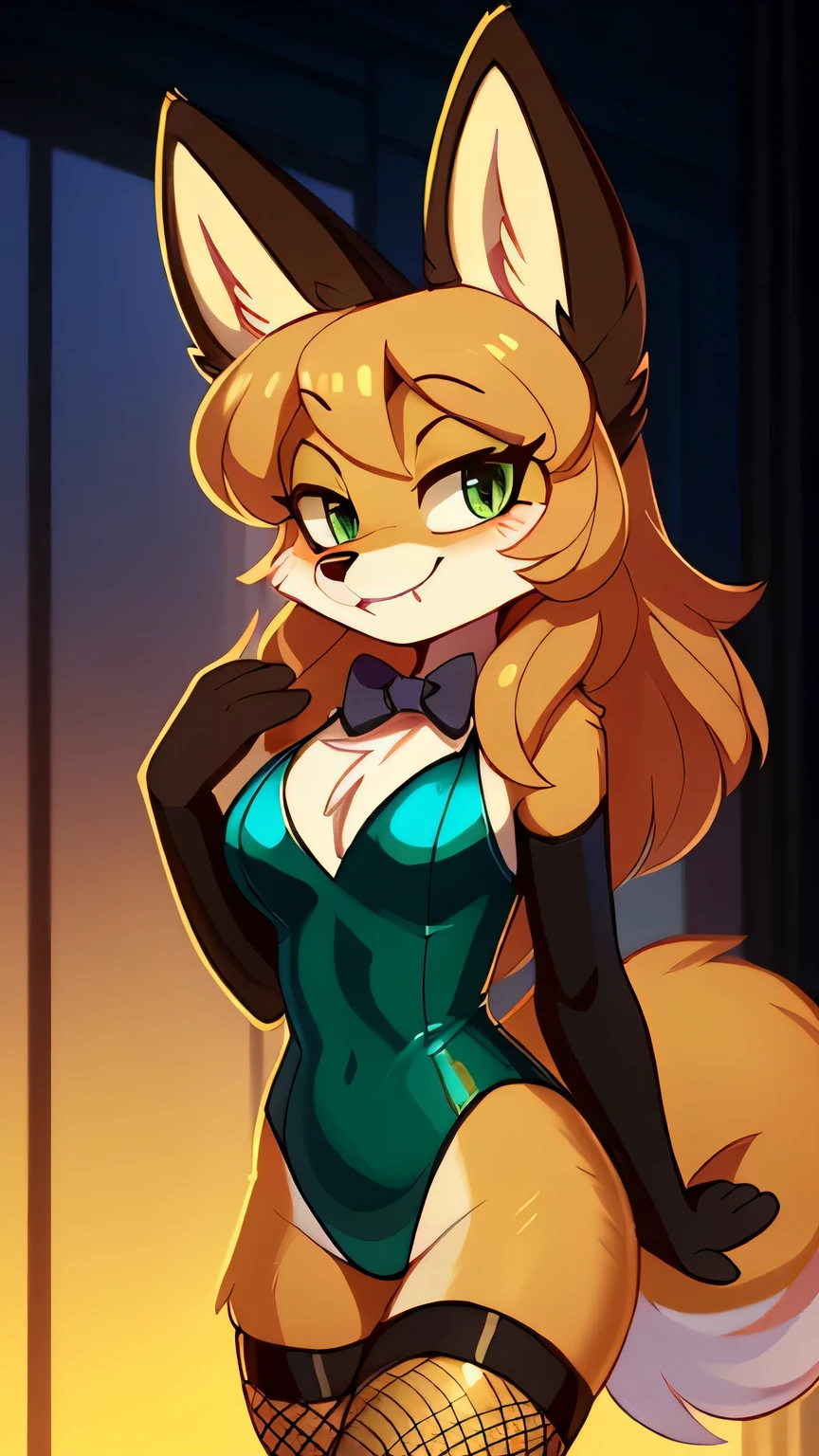 Nervous smiling, uploaded the e621, beautiful and detailed, woman (((female))) ((anthro)) Fox, (Averi, Fox girl), by waspsalad, by phluks, by zero-sum, cinematic lighting, Fox, (anthro, fluffy fur, character focus:1.1), 1girl, anthro fox girl, body fur, curvy, sexy, nice, cute, hot, comfortable anime-style cartoon-style, digital drawing, (half-closed eyes), green eyes, green leotard (latex leotard), latex stockings (green stockings), bowtie wristband, (Playboy Bunny suit, Fishnet pantyhose), bowtie