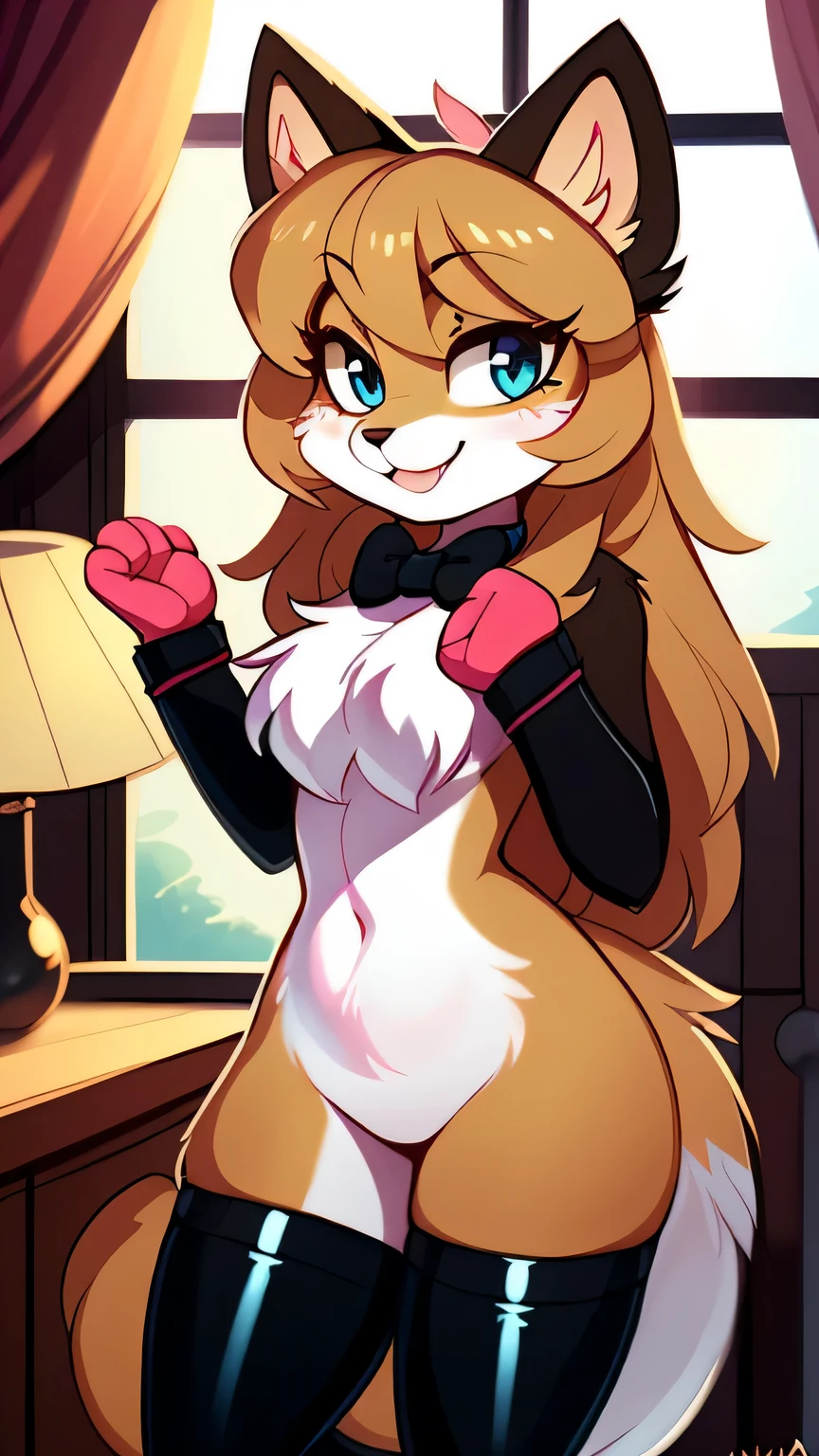 Nervous smiling, uploaded the e621, beautiful and detailed, woman (((female))) ((anthro)) Cat, (Cat girl), by waspsalad, by phluks, by zero-sum, cinematic lighting, Cat, (anthro, fluffy fur, character focus:1.1), 1girl, anthro cat girl, body fur, curvy, sexy, nice, cute, hot, comfortable anime-style cartoon-style, digital drawing, (half-closed eyes), blue eyes, black t-short, latex stockings (pink stockings), bowtie wristband, bowtie