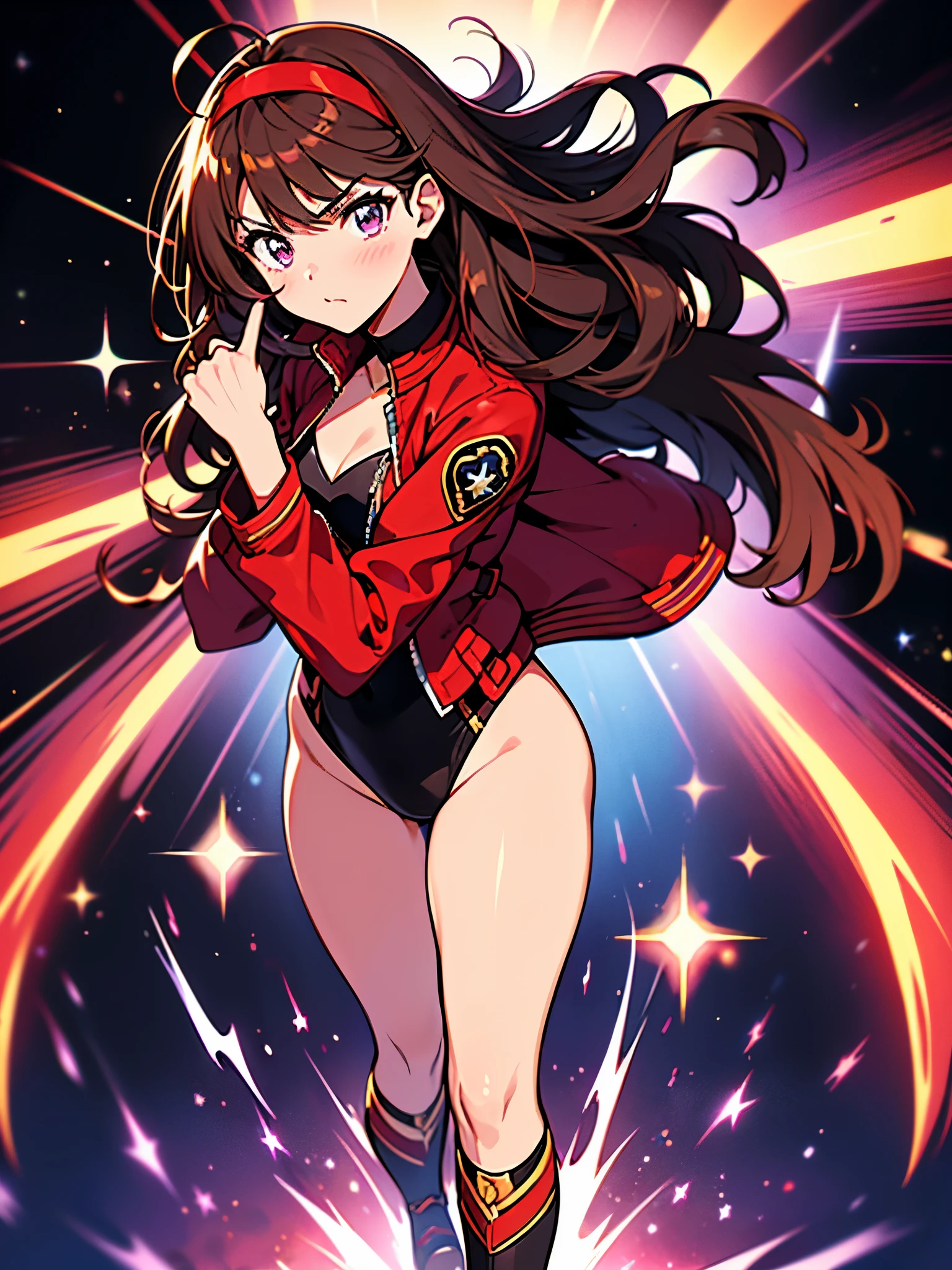 Woman with brown eyes, age 21 (medium hair, dark brown hair, wavy hair, red hairband), ahoge, (white blouse with black stars, red jacket with stars), (leotard, bare legs, black thigh highs, high-heel shoes), purple stellar energy around, cosmic power, cosmic shining power. purple eyes, beautiful detailed eyes, beautiful detailed face, cute face, perfect hands, complete fingers, perfect anatomy, perfect proportions. (shooting with your finger, making a gun with your finger finger gun). full body costume design, full body, cowboy shot.