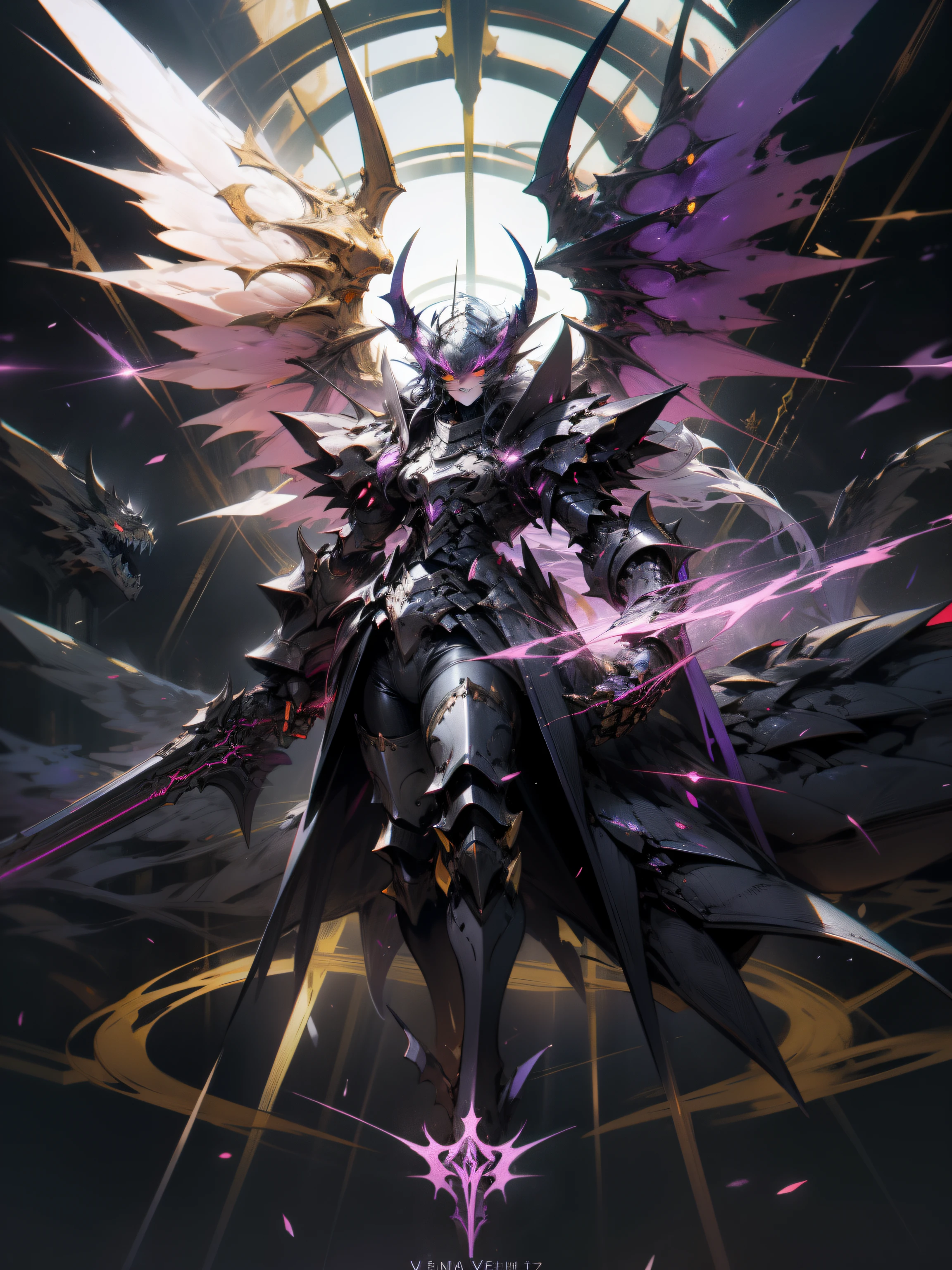 Female Demonangel with horns on her head, huge wings and heavy dragon armor with black and purple neon light with golden decorations