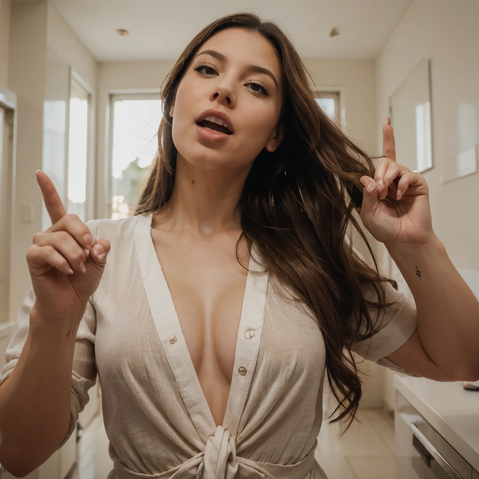 Realistic,(tmasterpiece, high qulity:1.2) ,realisticlying, RAW photogr, wide wide shot, ( hand sign), verbal invitation, with her mouth open, (Just enough to make ends meet), Adjust hair, hair tying up,