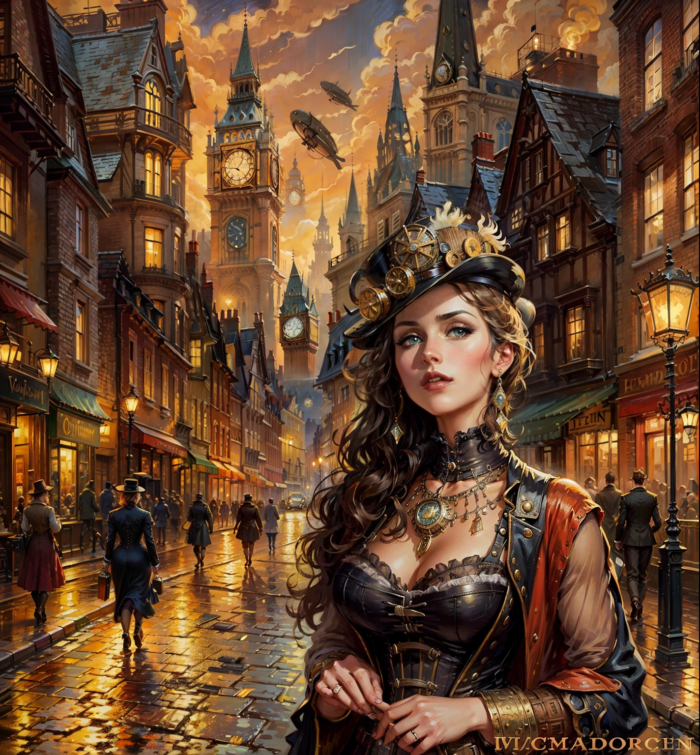 A beautiful steampunk women in the foreground and a steampumk London street in the background with a tower clock and a Zeppelin in the air by Vincent van Gogh