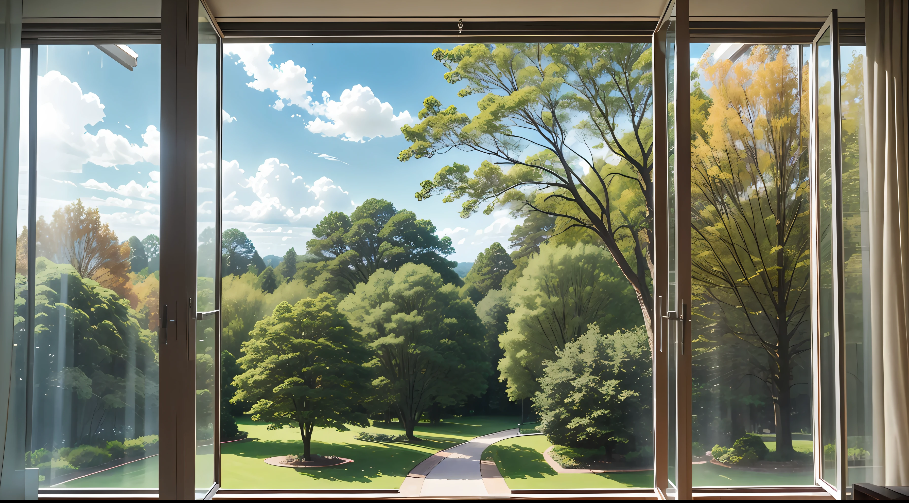 Pleasant environment, view from the window, looking through the window, trees in the background, trees in the background, trees, trees outside, scenery from the window, landscape shooting, trees in the foreground, parks and gardens, park in the background, window view, various trees behind, nature outside, realistic style --auto --s2