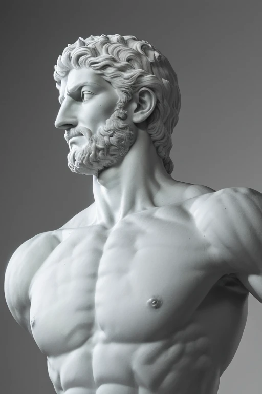 black and white realistic detailed stoic greek god statue front view